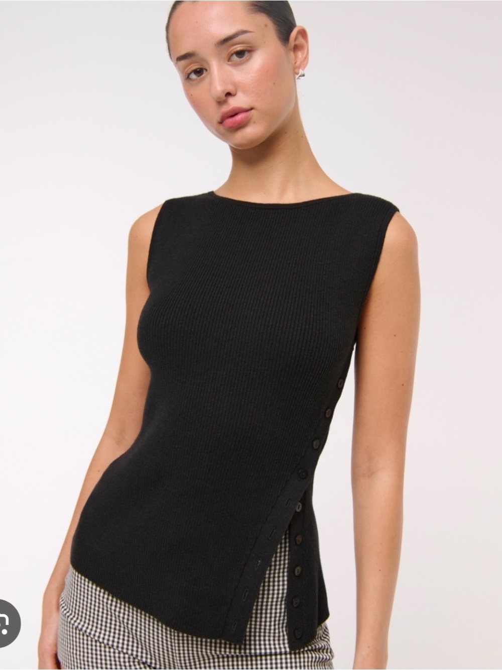 NWT Abercrombie Sleeveless Black Ribbed Knit Top with Asymmetrical Buttons